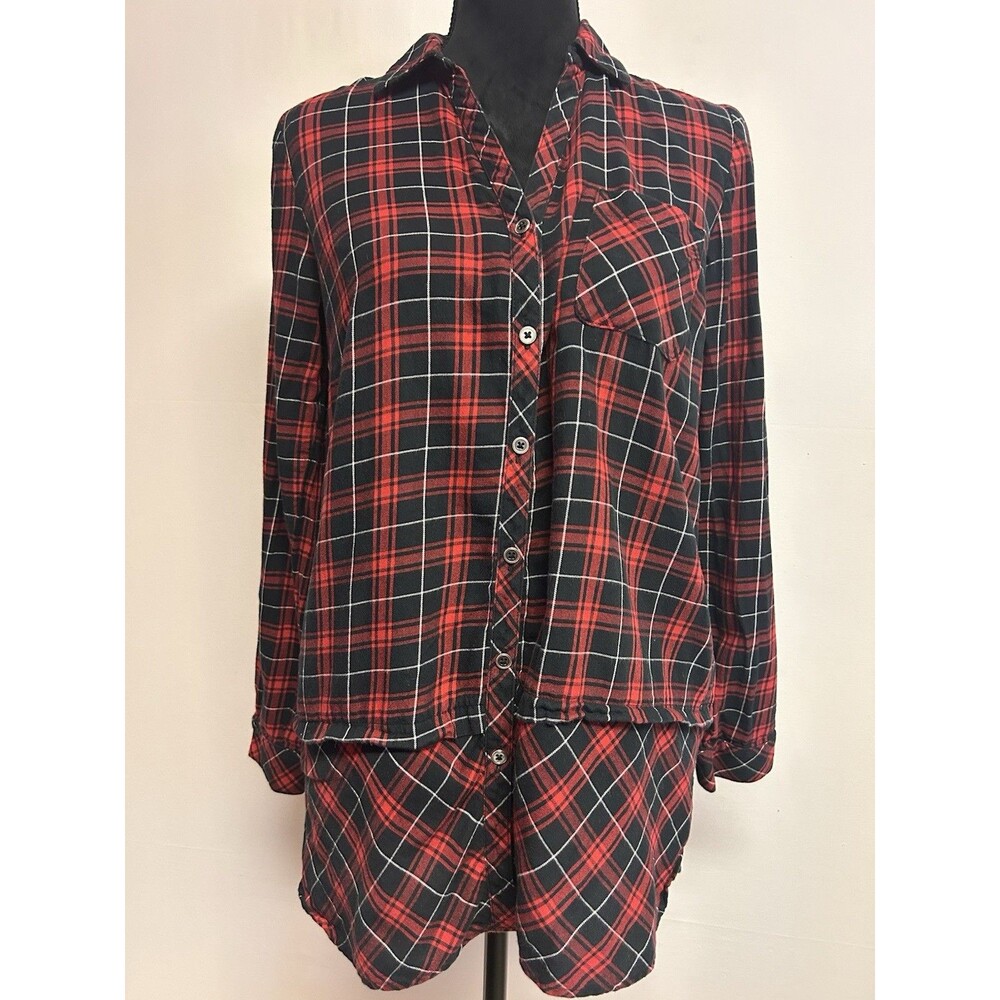 J. Jill Womens Sz XS Top Plaid Black Red Button Front Long Sleeve V Neck Cotton